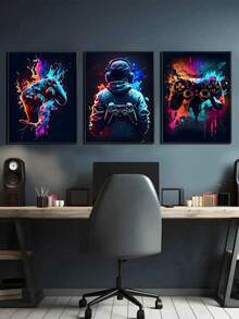 3pcs Unframed Canvas Posters, Modern Art, Cool Gaming Devices, Character Background, Neon Art Oil Painting Posters, Suitable For Bedroom, Living Room, Dining Room, Kitchen, Study, Corridor, Dormitory Decoration, Ideal Gift For Friends, Wall Art, Wall Decor, Home Decor, Room Decor Canvas Painting - Multicolor - View 2