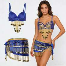 两件套肚皮舞服装，女士塑料珠饰流苏亮片胸衣上装和天鹅绒臀巾舞蹈服 - 彩色 - 查看 4