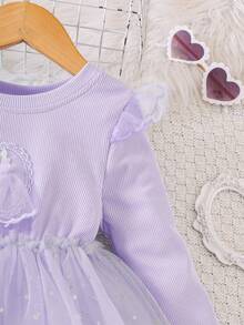 小女孩卡通针织撞色网纱公主裙，适合春秋季穿着 - 紫色 - 查看 3