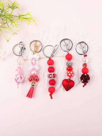 1pc Floral, Acrylic Rhinestone, Bow, Red Heart Beaded Cute Keychain, Bag Charm, Key Chain, Car Key Ring, Gift For Friends, Family, Girlfriend, Valentine's Day, Birthday