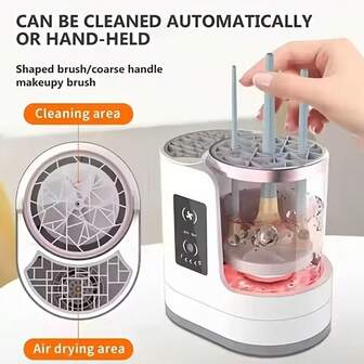 1个USB供电电动化妆刷清洁器，带化妆刷烘干功能，高效清洁烘干，便携式自动USB化妆刷清洁工具，适用于各种尺寸的美容化妆刷套装，包括修容刷、眼影刷、腮红刷等。