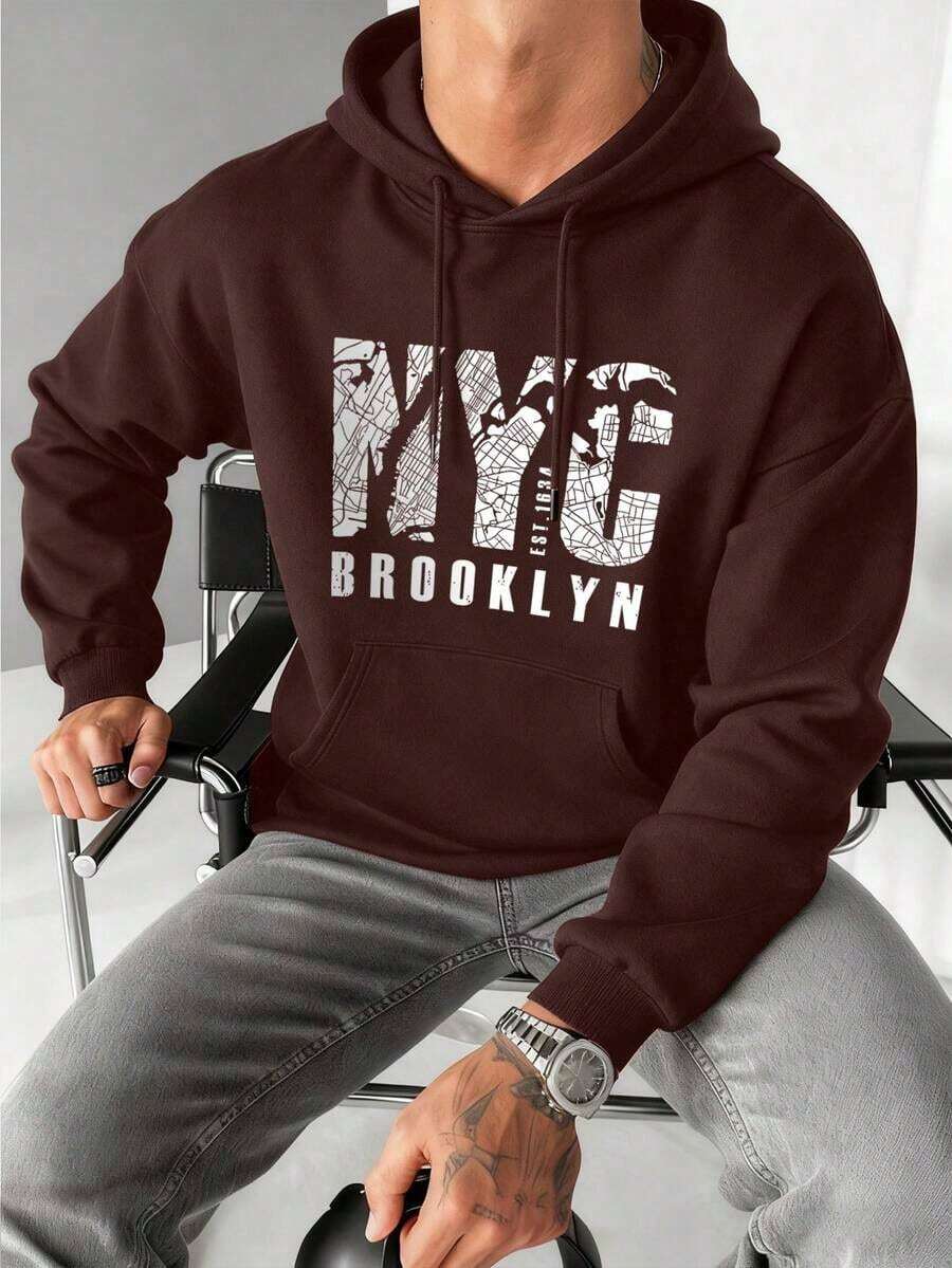 Preppy Lettering Men's Casual Street Hoodie, Drawstring Pocket, Slogan Print, Spring/Autumn, Long Sleeve TopLoose And Comfortable,Casual And Easy-Goin,Valentine's Day Hoodie For Couples,New Years Outfit Women - 棕色 - 查看 1