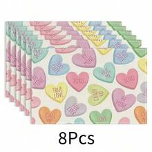 1/4/6/8/12 Stücke Set, Rotes Herz Muster, Valentinstag, Karomuster, Leinen Tischsets, waschbare bedruckte Tischsets, Oberflächenschutzmatten, Tischsets für Innen und Außen, geeignet für Feierlichkeiten und Küchendekoration - Verschiedenfarbig - Übersicht 11