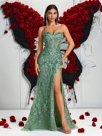 ADYCE Elegant Sequin Embroidered Suspender, Heart-Shaped Collar, Hollowed Out High Waisted Split, Backless Floor Length With Party Dress(Embroidery Position Is Random)For Prom Birthday Party Evening Date Homecoming Party Wedding Guest Formal Dinner Family Festival