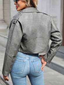Women Faux Leather Distressed Effect Jacket Lapel Zipper Biker Short Coat Fall - Faded Gray - View 8