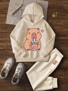 2pcs/Set Girls Cute Guinea Pig Print Thermal Lined Hoodie Sweatshirt & Pants Set, Warm Autumn/Winter Children Outfit - Soft & Comfortable Tween Girl Hooded Sweatshirt To Showcase Their Personalized - Apricot - View 3