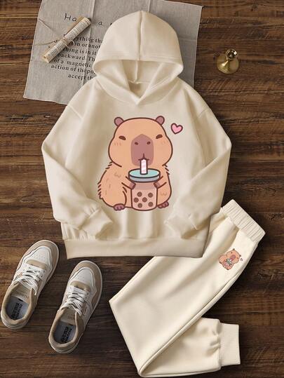 2pcs/Set Girls Cute Guinea Pig Print Thermal Lined Hoodie Sweatshirt & Pants Set, Warm Autumn/Winter Children Outfit - Soft & Comfortable Tween Girl Hooded Sweatshirt To Showcase Their Personalized