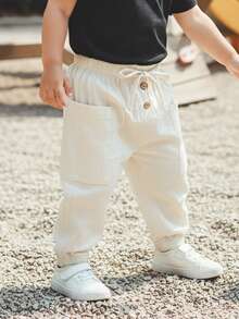Unisex Baby Pants Pack Of 3 Toddler Boys Joggers Kids Girls Trousers Solid Color Elastic Waist Bottoms Soft Cotton Cargo Pants Casual Trousers - 藍色 - 查看 6