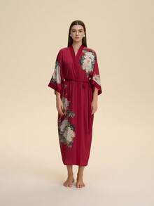 中国风复古宽松中长改良款汉服时尚印花和服罩衫长袍休闲家居服系腰浴袍睡衣薄外套夏季沙滩泳衣罩衫防晒外套 - 紅色 - 查看 5