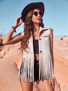 RELISH NOLESS Western Wear Women Cowgirl Outfit Boho Hippie Old Money Bohemian Festival Suede Fringe Jacket - Beige - View 3