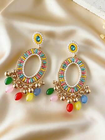 Exotic Hollow Bell Pendant Earrings, Inlaid With Colorful Beads, Oval Design, Suitable For Women's Daily Wear, Also Can Be Used As Holiday Jewelry Gift