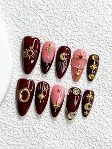 10片装勃艮第手工斋月系列美甲贴纸，法式美甲套装，包含太阳、月亮、星星美甲装饰、黄色爱心水钻美甲贴纸，凝胶美甲套装，三种尺寸可选：杏仁形、鸭嘴形、棺材形，包含工具包，适合女性和女孩，可用于派对、聚会、斋月、日常美甲等场合。 - 彩色 - 查看 2