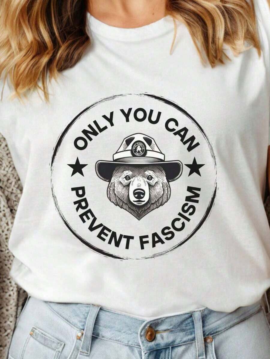 2026 Summer TopsOnly You Can Prevent Fescism Shirt, Trrmp Progressive Liberal Funny Political Gift Oversized Graphic Tees For Women,100% Cotton Womens Oversized Printed Graphic T-Shirts Women Casual Round Neck Short Sleeve Tee 1pcs Fashion Shirt, Halloween Gift, Xmas GiftLoose And Comfortableshirt - White006 - 查看 1