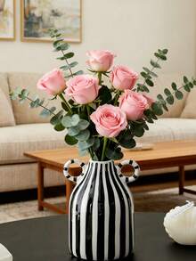 1pc Hand-Painted Striped Ceramic Vase - Farmhouse Style Tabletop Decor, Suitable For Home, Events, Weddings, Kitchens, Offices, Gardens, Birthdays, Anniversaries, Back To School Room Decor, Stationery, Vase, Ceramic Vase - Multicolor - View 9