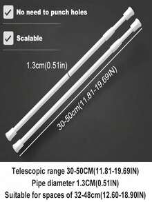 1 thanh treo rèm lò xo, có thể điều chỉnh độ dài 30-50cm, 40-70cm, 50-90cm, 60-110cm, 70-120cm, không cần khoan, chịu lực cao, thích hợp cho rèm tắm, giá phơi đồ, thanh treo đồ nhà bếp, giá đỡ tủ quần áo, rèm cửa, áp dụng cho nhà bếp, phòng tắm, tủ, tủ quần áo, cửa sổ, tủ đựng đồ, cửa ra vào, các dự án DIY kệ sách, lưu trữ đồ dùng phòng tắm, sắp xếp tủ quần áo, tiết kiệm không gian. - trắng - Xem 15