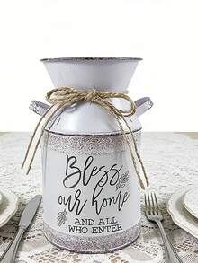 Vintage Iron And Hemp Rope Tie, Faded Purple Edging With "Bless Our Home" Blessing Slogan, Radiates A Gentle, Healing Ambiance. Can Be Used As A Vase For Dried Flowers Or A Storage Jar, Suitable For Light French, Cozy Decor In Entryways And On Desktops, Adds A Sense Of Ceremony To Home Furnishings. - Four Seasons Double-eared Pot 4 - View 10