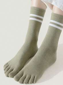 5 Pairs Women's Toe Separator Crew Socks - Solid & Striped Sports Socks, Breathable Stretch For Indoor Workouts & Yoga - 5 cặp - Xem 8