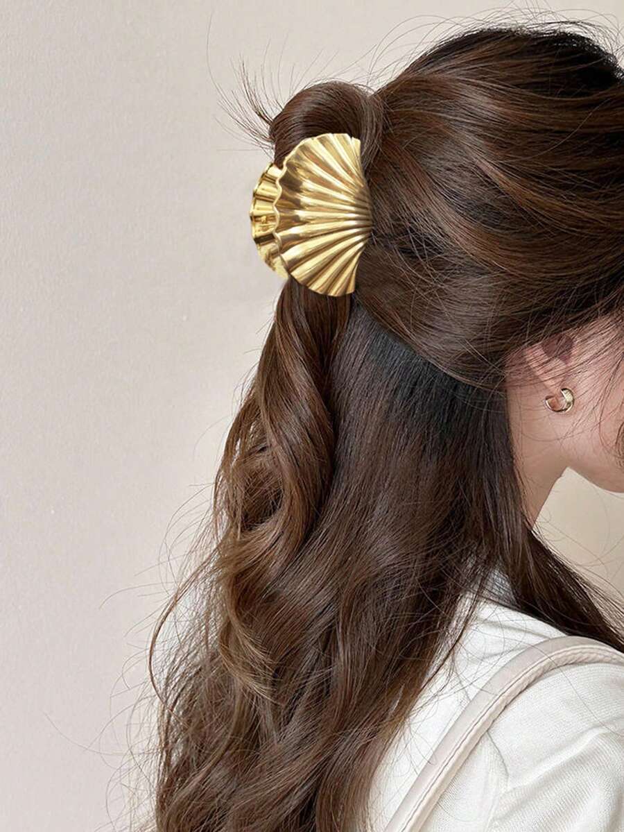 1个时尚夏季沙滩贝壳纹理条纹发夹，优雅假日发饰，海洋元素发爪，沙滩时尚发夹，休闲发饰，优雅发夹，度假必备 - 金貝殼 - 查看 1