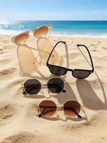 4 Sets Of Vintage Beige Full Frame Nail Art Decorations & Fashion Glasses, Fashionable Lightweight Decorative Glasses, Retro Metal Polygonal Fashion Decorative Glasses, Outdoor Casual Glasses, Gaming & Photography Decorative Glasses - 彩色 - 查看 8