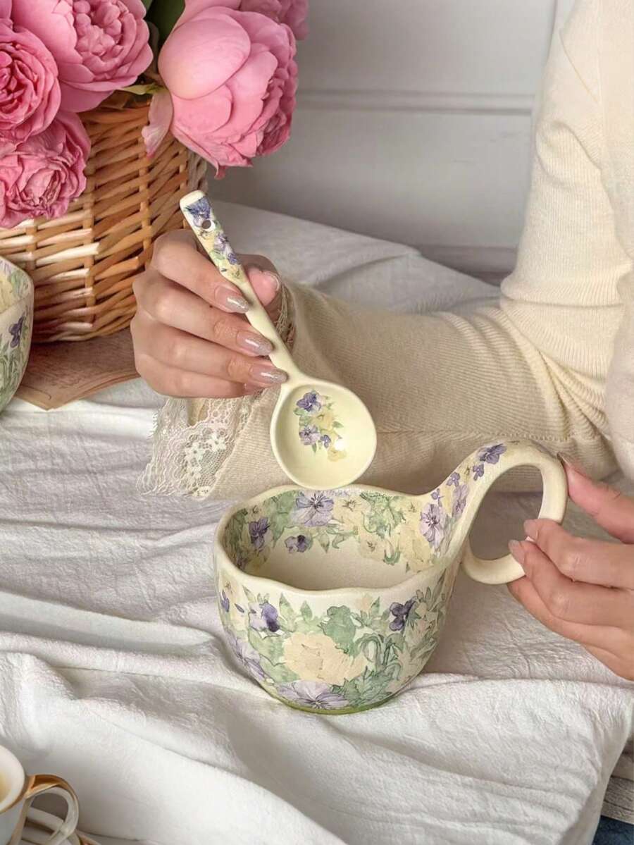 1 tasse en céramique de 450 ml avec anse florale, grande capacité, tasse petit-déjeuner, convient pour les desserts, le lait, la bouillie d'avoine, usage domestique polyvalent - Multicolore - Voir 1