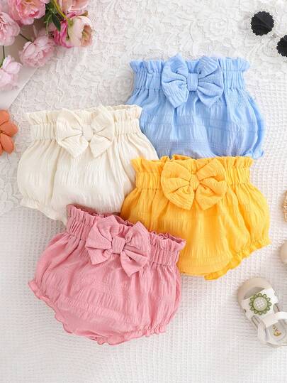 4件套新生女宝宝可爱灯笼裤短裤，粉色、蓝色、白色、黄色，大蝴蝶结+荷叶边设计，透气柔软面料，适合搭配背带、短袖、连衣裙、休闲装、拍照、户外玩耍、夏季穿着
