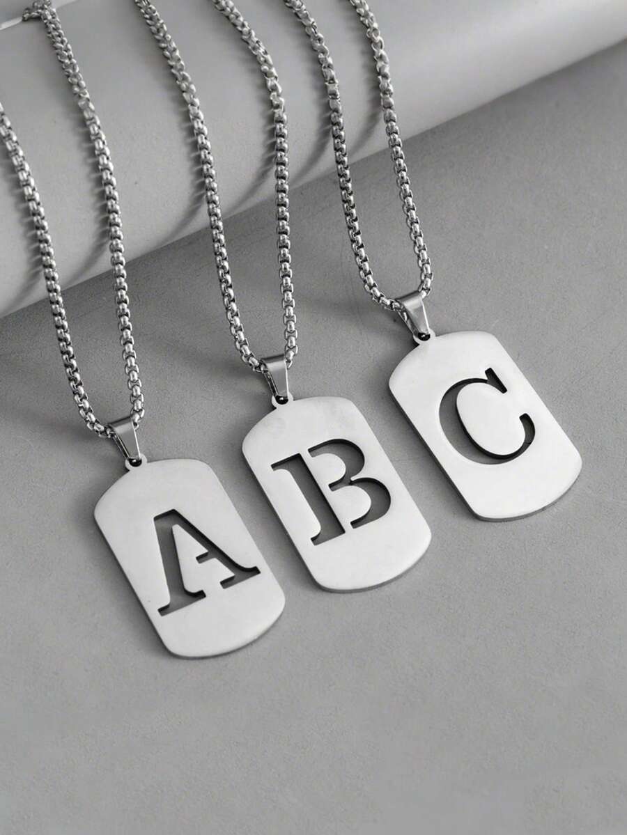1件A-Z 26字母吊坠项链，钛钢链，男女通用学生情侣配饰，简约百搭设计 - 銀色 - 查看 1