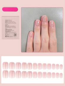 24片短方形法式美甲贴纸，浅粉色，简约风格，亮面全覆盖假指甲，适合女性和女孩日常佩戴的美甲用品 - 粉色 - 查看 2