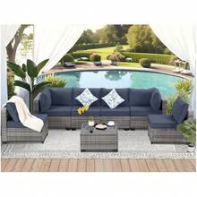 7 Outdoor Terrace Furniture Kits, Wicker Outdoor Dialogue Sofa Kits, Adjustable Back Sofas, Including Cushions And Coffee Tables, Suitable For Garden, Courtyard, Deck ... - Màu xanh lam - Xem 1