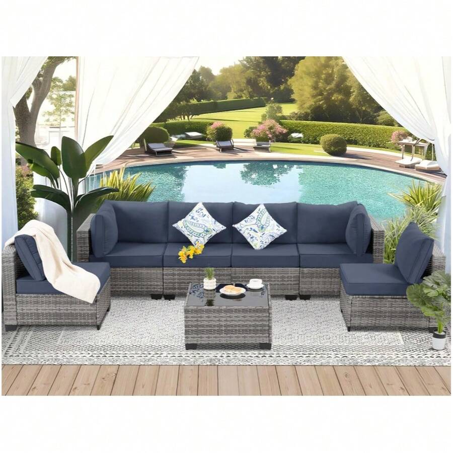 7 Outdoor Terrace Furniture Kits, Wicker Outdoor Dialogue Sofa Kits, Adjustable Back Sofas, Including Cushions And Coffee Tables, Suitable For Garden, Courtyard, Deck ... - Màu xanh lam - Xem 1