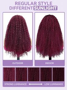OQ Perruque frisée bouclée kinky de couleur bordeaux 99J, pré-coiffée, avec sangle InvisiFit, couches bouclées, perruque demi-tête à porter facilement, densité de 180%, longueur de 16 à 26 pouces, ligne de cheveux pré-épilée, cheveux vierges non traités, perruque de Noël, perruque Y2K - S99J - Voir 8