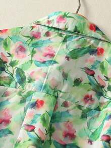 新款春夏女式法式花卉叶子印花长袖衬衫，纽扣领 - 橄欖綠 - 查看 4