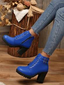 Autumn/Winter New Double Buckle High Heel Chunky Heel Lace-Up Boots For Women, Comfortable Boots, Work Boots, Platform Boots - 深藍色 - 查看 2