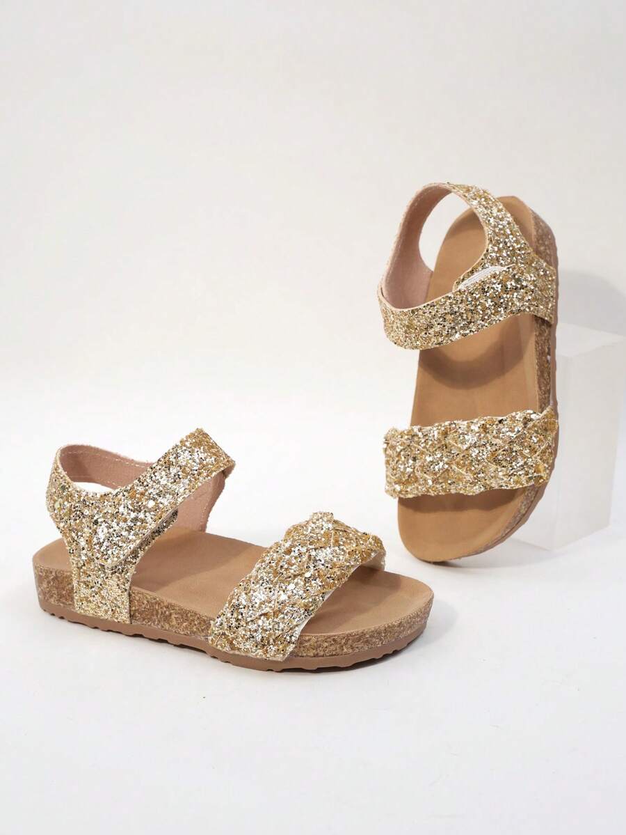 2025 Summer Fashion Girls' Roman Braided Sandals, Strap Design, Breathable Foot Protection, Non-Slip Lightweight Cork Sole (Sole Color Random) - Gold - View 1