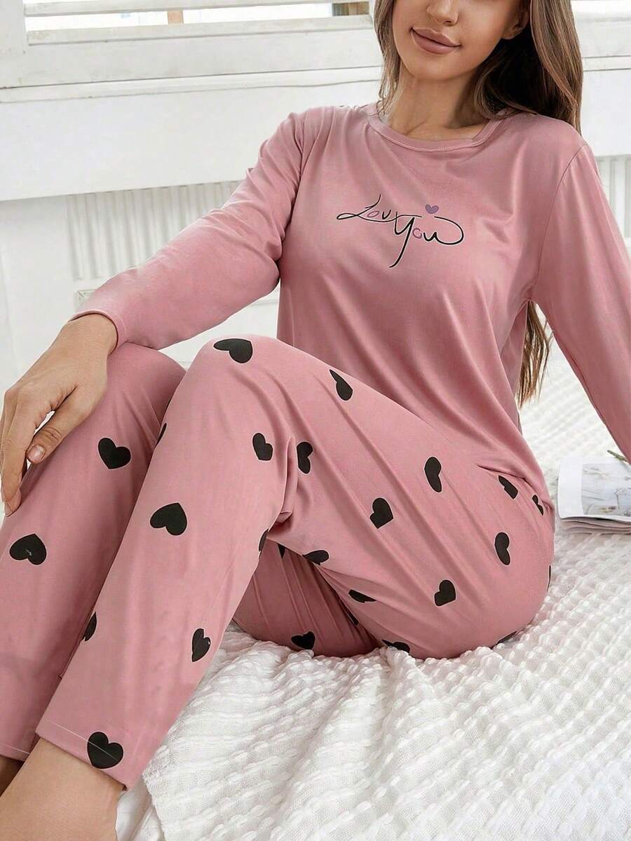 两件套女士休闲睡衣套装，心形字母印花，舒适家居服