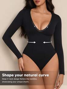 Women's Fashion Deep V-Neck Long Sleeve Bodysuit - Black - View 2
