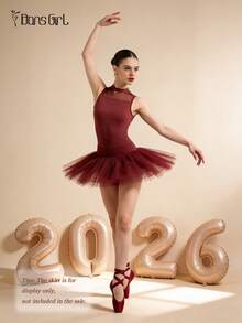 DonsGirl 女士芭蕾舞紧身衣 - 立领网纱拼接，性感露背设计，古典/现代舞表演服 - 酒紅色 - 查看 11