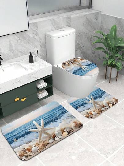 1pc/3pcs Ocean Coastal Starfish Beach Pattern Bath Mat, Soft Faux Wool 1200g/㎡ Polyester Fiber Bathroom Rug, 10mm Thick, TPR Non-Slip Bottom, Foldable Easy Care Carpet Mat, Modern Thick Absorbent Non-Slip Floor Mat, Decorative Carpet, Suitable For Bathroom, Toilet, Living Room, Indoor Entrance, Room Decor, Housewarming Gift, Holiday Gift