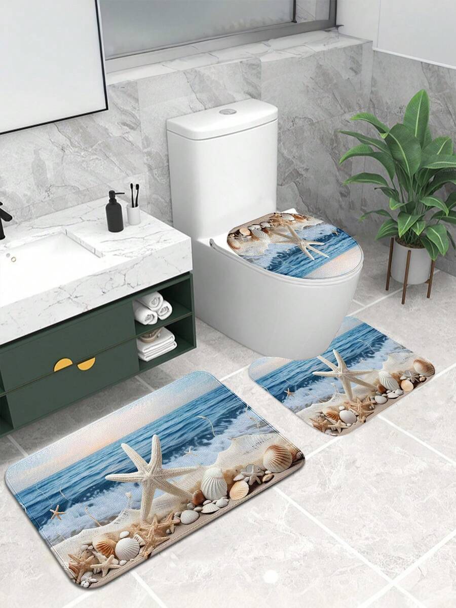 1pc/3pcs Ocean Coastal Starfish Beach Pattern Bath Mat, Soft Faux Wool 1200g/㎡ Polyester Fiber Bathroom Rug, 10mm Thick, TPR Non-Slip Bottom, Foldable Easy Care Carpet Mat, Modern Thick Absorbent Non-Slip Floor Mat, Decorative Carpet, Suitable For Bathroom, Toilet, Living Room, Indoor Entrance, Room Decor, Housewarming Gift, Holiday Gift - Multicolor - View 1