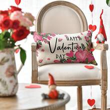 1 PIEZA Funda de almohada con flor rosa en forma de corazón para el Día de San Valentín, 12 X 20 pulgadas Funda de cojín con hojas verdes para aniversario y boda, para sofá, de un solo lado, sin incluir la almohada - Rosa Fucsia - Ver 4