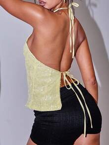 Women Y2k Halter Tank Top Glitter Sparkly Sleeveless Beaded Cami Top Summer Backless Crop Tank Top Going Out Rave Party Clubwear - Màu vàng - Xem 4