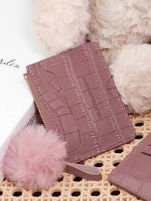 Adorned With A Delicate Pom Pom,Pink Letter Embossed Zipper Small Wallet Coin Pocket Small Purse Bifold Slim Women Wallet MiniThin,Lightweight,Multi Layer Portable,ID Card,Money Credit Card Minimalist,Fashion,Modern,Business,For Anniversary,For Birthday Gift,For Gift,For Girls,For Lady,For Female,Bag School Supplies For School Dorm Room & Back To School - Pink - View 7