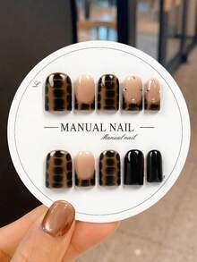 JUTI 10pcs Luxury Handmade Short Almond Shape Press-On Nails, Nude Black Tortoise Shell Pattern Fake Nails, Vintage Autumn Winter Holiday Nail Art, Versatile Daily Celebration Set, Includes Nail File And Jelly Glue - Multicolor - View 15