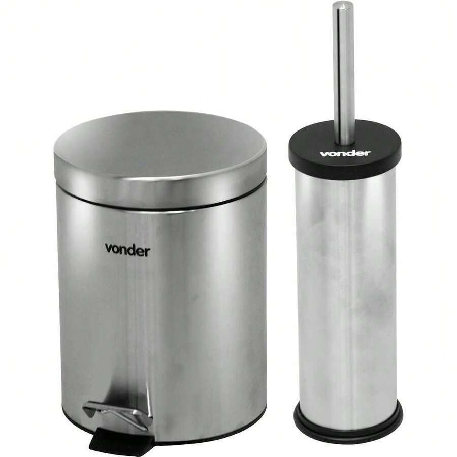 Lixeira redonda 5 litros inox cinza com escova sanitária VONDER - Amarelo - Visão 1