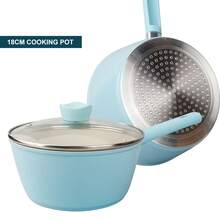 ABKOK 1件/2件装18厘米不粘煎锅和汤锅炊具套装 - 节省空间，专为单身人士和情侣设计，适用于炉灶、电磁炉和燃气灶，可单独购买单个锅具或整套炊具。 - 藍色 - 查看 9