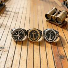 1枚复古海军风不锈钢戒指，采用3D锚和指南针浮雕设计，饰有精美边缘，坚固耐用的宽戒圈，适合男士佩戴，可用于音乐节、派对、日常佩戴，增添醒目亮点，是一款既美观又耐用的时尚配饰。 - 航海風男士戒指 - 查看 9