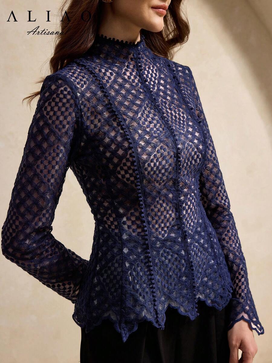 A&A High-End Paisley Embroidery Mesh Paneling Sheer Long-Sleeved Top, Wedding Season, Suitable For Dinner, Old Money, Homecoming , Court Style, Business Casual Woman, Valentine's Day Outfit, New Year Outfit