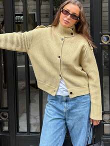 Áo khoác cardigan dệt kim cổ đứng dáng vintage thanh lịch dành cho nữ, áo khoác dài tay cài nút thời trang, thích hợp cho mùa thu/đông. - Màu xanh Ô liu - Xem 5