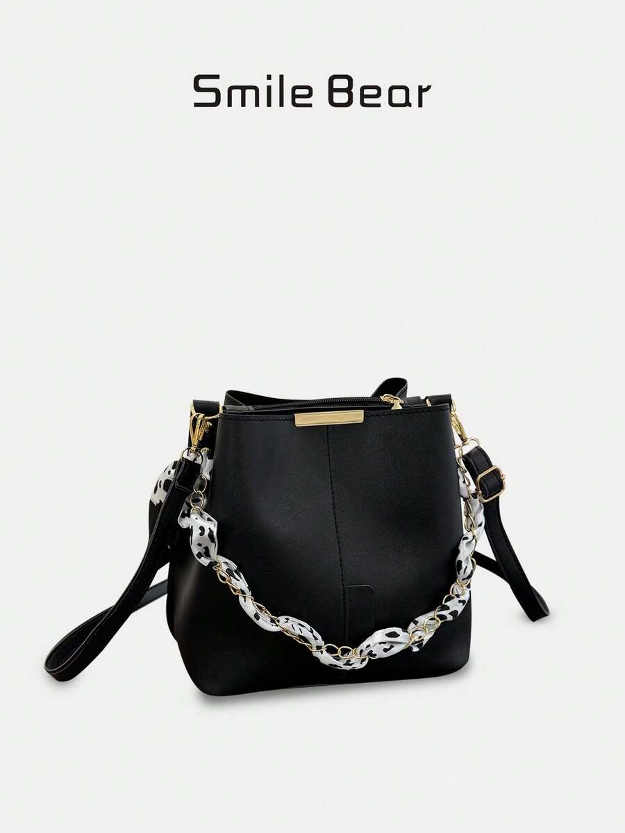 Women's PU Leather Bucket Bag With Chain Decor, Crossbody