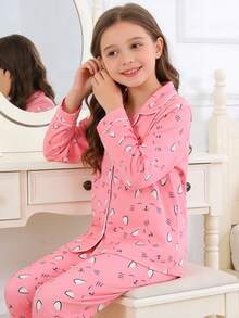 2pcs Tween Girl Pajama Set, Cute Cartoon Cat Pattern, Long Sleeve Cardigan Top And Long Pants, Flame Retardant Knit Fabric, Can Be Worn Outerwear, Suitable For All Seasons, Boys And Girls - 粉色 - 查看 8