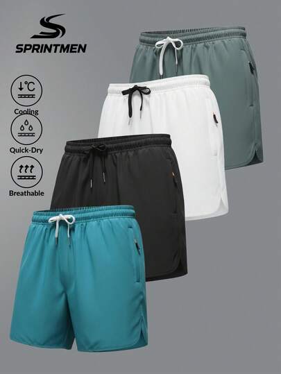 4pcs Men's Breathable Sports Shorts, Drawstring Waist, Zipper Pockets, Casual Athletic Shorts, Machine Washable, Suitable For Running, Fitness, Outdoor Training, Daily Wear, Multiple Colors